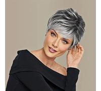 Creamily Short Grey Wigs for Black Women Pixie Cut Wig Synthetic Short Side Part Pixie Hair Cut Wigs with Bangs for Old Women Gray Straight Natural Wig Grey mixed Black