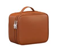 Creamy Apricot-White Large Cosmetic Bag, Travel Pouch with Handle, Durable PU Material, Double-Layer Partitioned Storage, Zipper Design, Ideal for Makeup, Travel Essentials(Brown)