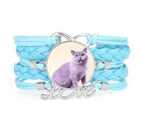 Creamy Cat unique Girl love adjustable leather braided fashion bracelet Blu