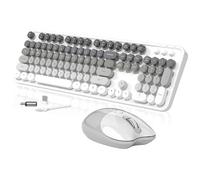 Creamy Wireless Keyboard and Mouse, MOFII 104 Round Keycaps Retro Typewriter with OTG & Brush, Full-Size Ergonomic, Ideal for Windows PC, Home, Office and College Gray White