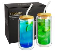 Creano 2pcs Double-Walled Drinking Glass with Bamboo lid and Straw, 360 ml, Smoothie Cup, Bubble Tea, Cocktail Glass