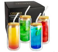 Creano 4pcs Double-Walled Drinking Glass with Bamboo lid and Straw, 360 ml, Smoothie Cup, Bubble Tea, Cocktail Glass