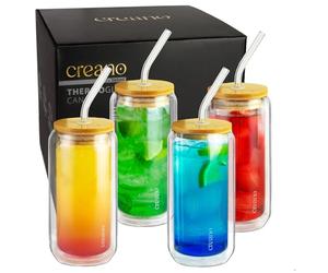 Creano 4pcs Double-Walled Drinking Glass with Bamboo lid and Straw, 360 ml, Smoothie Cup, Bubble Tea, Cocktail Glass