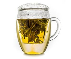 Creano All-in-One Tea Glass 400ml with Glass Filter and Lid - Luxurious Borosilicate Glass Tea Cup with Handle for Pure Infusion - Exclusive Birthday Present - Single Cup
