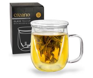 Creano All-in-One Tea Glass 450ml with Glass Filter and Lid - Luxurious Large Borosilicate Glass Mug with Handle - Exclusive Present for Tea & Coffee Lovers - Single Cup