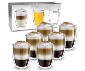 Creano Double Walled Coffee Glasses 400ml - Insulated XXL Latte Macchiato Cups - Cappuccino, Tea - Handmade Heat Resistant Mugs - 6 pcs (Pack of 1)