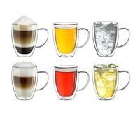 Creano Double Walled Coffee Glasses with Handle 250ml - Insulated Cappuccino Cups - Latte Macchiato, Tea - Handmade Heat Resistant Mugs - 6 pcs (Pack of 1)