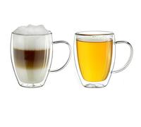 Creano Double Walled Coffee Glasses with Handle 400ml - Insulated Latte Macchiato Cups - Cappuccino, Tea - Handmade Heat Resistant XXL Mugs - 2 pcs (Pack of 1)