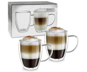 Creano Double Walled Coffee Glasses with Handle 400ml - Insulated Latte Macchiato Cups - Cappuccino, Tea - Handmade Heat Resistant XXL Mugs - 2 pcs (Pack of 1)