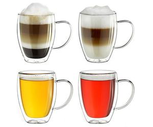 Creano Double Walled Coffee Glasses with Handle 400ml - Insulated Latte Macchiato Cups - Cappuccino, Tea - Handmade Heat Resistant XXL Mugs - 4 pcs (Pack of 1)