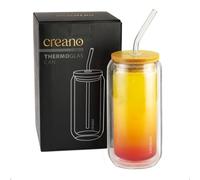 Creano Double-Walled Drinking Glass with Bamboo lid and Straw, 360 ml, Smoothie Cup, Bubble Tea, Cocktail Glass