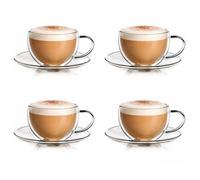 Creano Double Walled Glass Coffee Cups 250ml with Handle and Saucer - Set of 4 Luxurious Insulated Borosilicate Thermal Mugs - Exclusive Family & Guest Set - Set of 4