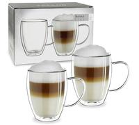 Creano Double Walled Glass Cup 250ml with Handle - Luxurious Hand-Blown High-Shape Borosilicate Thermal Mug for Coffee & Tea - Exclusive Present for Couples - Set of 2