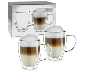 Creano Double Walled Glass Cup 250ml with Handle - Luxurious Hand-Blown High-Shape Borosilicate Thermal Mug for Coffee & Tea - Exclusive Present for Couples - Set of 2