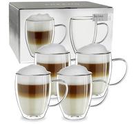 Creano Double Walled Glass Cup 250ml with Handle - Set of 4 Luxurious Insulated High-Shape Borosilicate Thermal Mugs - Exclusive Birthday Present for Families - Set of 4