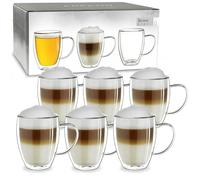 Creano Double Walled Glass Cup 250ml with Handle - Set of 6 Luxurious Insulated High-Shape Borosilicate Thermal Mugs - Perfect Present for Offices & Guests - Set of 6
