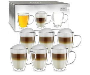 Creano Double Walled Glass Cup 250ml with Handle - Set of 6 Luxurious Insulated High-Shape Borosilicate Thermal Mugs - Perfect Present for Offices & Guests - Set of 6