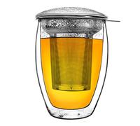 Creano Double Walled Tea Glass with Stainless Steel Infuser and Glass Lid - Tea Cup for Loose Leaf Tea - 1x 400ml Double Wall Mug