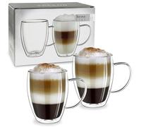 Creano Double Walled XXL Cup 400ml with Handle - Luxurious Hand-Blown High-Shape Borosilicate Thermal Mug for Latte & Tea - Exclusive Anniversary Present - Set of 2