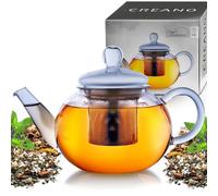 Creano Flat Glass Teapot 0.8L with Stainless Steel Filter & Glass Lid - Luxurious Modern Slim Design Borosilicate Tea Maker - Anti-Drip Spout - Small Flat Teapot
