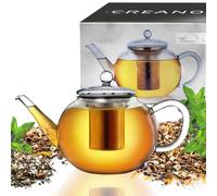 Creano Flat Glass Teapot 1.2L with Stainless Steel Filter & Glass Lid - Luxurious Modern Slim Design Borosilicate Tea Maker - Anti-Drip Spout - Medium Flat Teapot