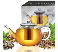Creano Flat Glass Teapot 1.6L with Stainless Steel Filter & Glass Lid - Luxurious Modern Slim Design Borosilicate Tea Maker - Anti-Drip Spout - Large Flat Teapot
