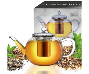 Creano Flat Glass Teapot 1.6L with Stainless Steel Filter & Glass Lid - Luxurious Modern Slim Design Borosilicate Tea Maker - Anti-Drip Spout - Large Flat Teapot