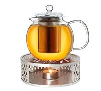 Creano Glass Teapot 0.85L with Silver Leaf Warmer - 100% Drip-Free Spout Design Luxurious Borosilicate Tea Maker with Stainless Steel Filter - Small Present Set