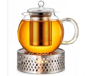 Creano Glass Teapot 0.85L with Silver Leaf Warmer - 100% Drip-Free Spout Design Luxurious Borosilicate Tea Maker with Stainless Steel Filter - Small Present Set