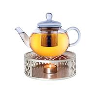 Creano Glass Teapot 0.8L with Silver Leaf Warmer - 100% Drip-Free Flat Design Luxurious Slim Borosilicate Tea Maker with Stainless Steel Filter - Small Present Set