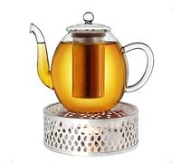 Creano Glass Teapot 1.0L with Silver "Leaf" Warmer - 100% Drip-free "High" Design Luxurious Vertical Borosilicate Tea Maker with Stainless Steel Filter - Medium Present Set