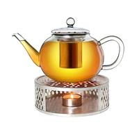 Creano Glass Teapot 1.2L with Silver Leaf Warmer - 100% Drip-Free Flat Design Luxurious Slim Borosilicate Tea Maker with Stainless Steel Filter - Medium Present Set