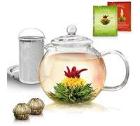 Creano Glass Teapot 1.3L Gift Set with 2X Blooming Tea Flowers - Includes Fine Stainless Steel Filter & Glass Lid - Non-Drip - Ideal Gift for Women