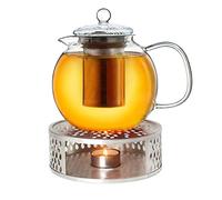 Creano Glass Teapot 1.3L with Silver Leaf Warmer - 100% Drip-Free Spout Design Luxurious Borosilicate Tea Maker with Stainless Steel Filter - Medium Present Set