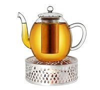 Creano Glass Teapot 1.5L with Silver "Leaf" Warmer - 100% Drip-free "High" Design Luxurious Vertical Borosilicate Tea Maker with Stainless Steel Filter - Large Present Set