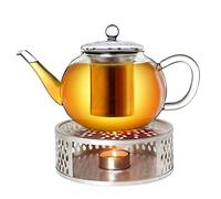 Creano Glass Teapot 1.6L with Silver Leaf Warmer - 100% Drip-Free Flat Design Luxurious Borosilicate Tea Maker with Stainless Steel Filter - Large Present Set