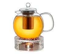 Creano Glass Teapot 1.7L with Silver Leaf Warmer - 100% Drip-Free Spout Design Luxurious Borosilicate Tea Maker with Stainless Steel Filter - Large Present Set