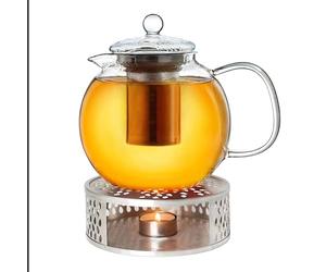 Creano Glass Teapot 1.7L with Silver Leaf Warmer - 100% Drip-Free Spout Design Luxurious Borosilicate Tea Maker with Stainless Steel Filter - Large Present Set