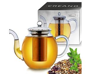 Creano High Glass Teapot 1.5L with Stainless Steel Filter & Glass Lid - Luxurious Vertical Borosilicate Tea Maker - Anti-Drip Spout - Large High Teapot