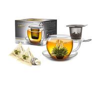 Creano Jumbo XXL Tea Cup 450ml Gift Set with Stainless Steel Filter & 2 Blooming White Tea Flowers - Exclusive Luxurious Present for Women, Mum or Friends - Christmas & Birthday Gift Set