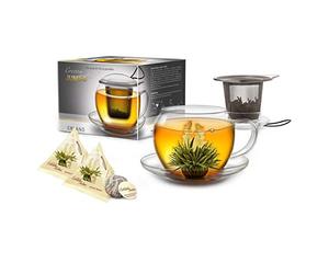 Creano Jumbo XXL Tea Cup 450ml Gift Set with Stainless Steel Filter & 2 Blooming White Tea Flowers - Exclusive Luxurious Present for Women, Mum or Friends - Christmas & Birthday Gift Set