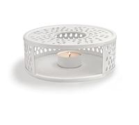 Creano "Leaf" Teapot Warmer in White Stainless Steel - Elegant Tea Warmer with Leaf Cut-outs for Teapots & Glass Pots - Includes Tealight Holder