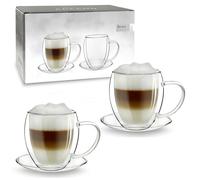 Creano Set of 2 Curved Thermal Glasses 250ml with Saucers - Double-Walled Borosilicate Glass - Insulated Design for Coffee, Latte & Tea