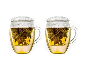 Creano Tea Glass with Infuser and Lid 400ml - Large Tea Cup - Microwave & Dishwasher Safe - Loose Leaf Tea Maker Gift Set - 2 pcs (Pack of 1)