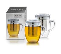 Creano Tea Glass with Stainless Steel Infuser and Lid 400ml - Large Tea Cup - Microwave & Dishwasher Safe - Loose Leaf Tea Maker Gift Set - 2 pcs (Pack of 1)