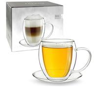 Creano XXL Curved Thermal Glass 400ml with Saucer - Double-Walled Borosilicate Glass - Large Insulated Mug for Cappuccino, Latte & Tea
