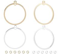 CREATCABIN 1 Box 32Pcs Golden Silver Round Beading Earring Hoops Open Back Bezel Pendant Real 18K Gold Plated Brass Circle Hollow Charms with Loop 12Pcs Jump Rings for DIY Jewelry Making Supplies