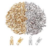 CREATCABIN 1 Box 400Pcs 2 Color Folding Crimp Ends Fold Over Cord Crimps Tips 3mm Leather Ribbon Clamp Clasp Brass Terminators Jewelry Finding Kit DIY Bracelets Pendants Necklaces Making Platinum Gold