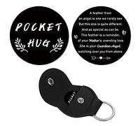 CREATCABIN 1 Set Pocket Hug Token Angel Feather Leaf Pattern Long Distance Relationship Keepsake Keychain Stainless Steel Double Sided with PU Leather Keychain Sympathy Gift for Son Daughter 1.2Inch