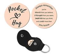 CREATCABIN 1 Set Pocket Hug Token Heart Pattern Long Distance Relationship Keepsake Keychain Stainless Steel Double Sided with PU Leather Keychain Gift for Family Friends 1.2Inch(Rose Gold)